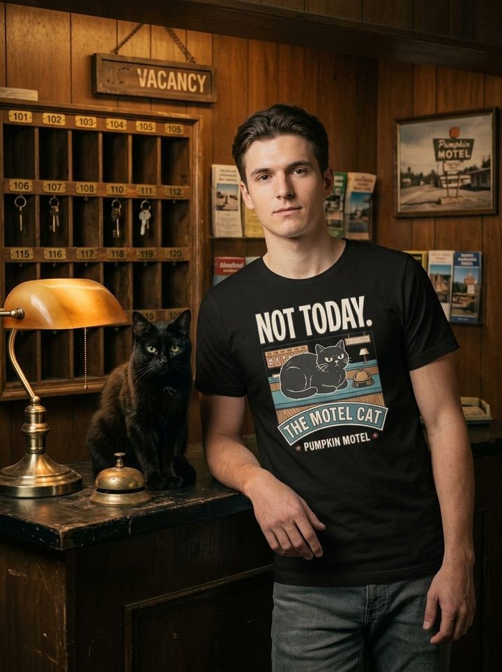 T-shirt Not Today The Motel Cat porté à la réception du motel avec un chat noir