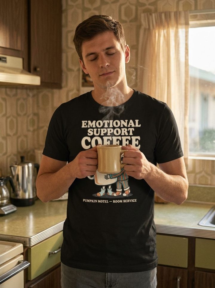 T-shirt Emotional Support Coffee porté avec un mug fumant dans la kitchenette du motel