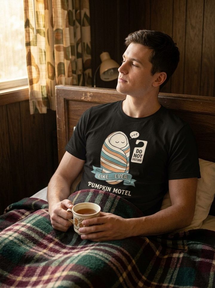 T-shirt Do Not Disturb porté au lit avec une tasse de thé au motel