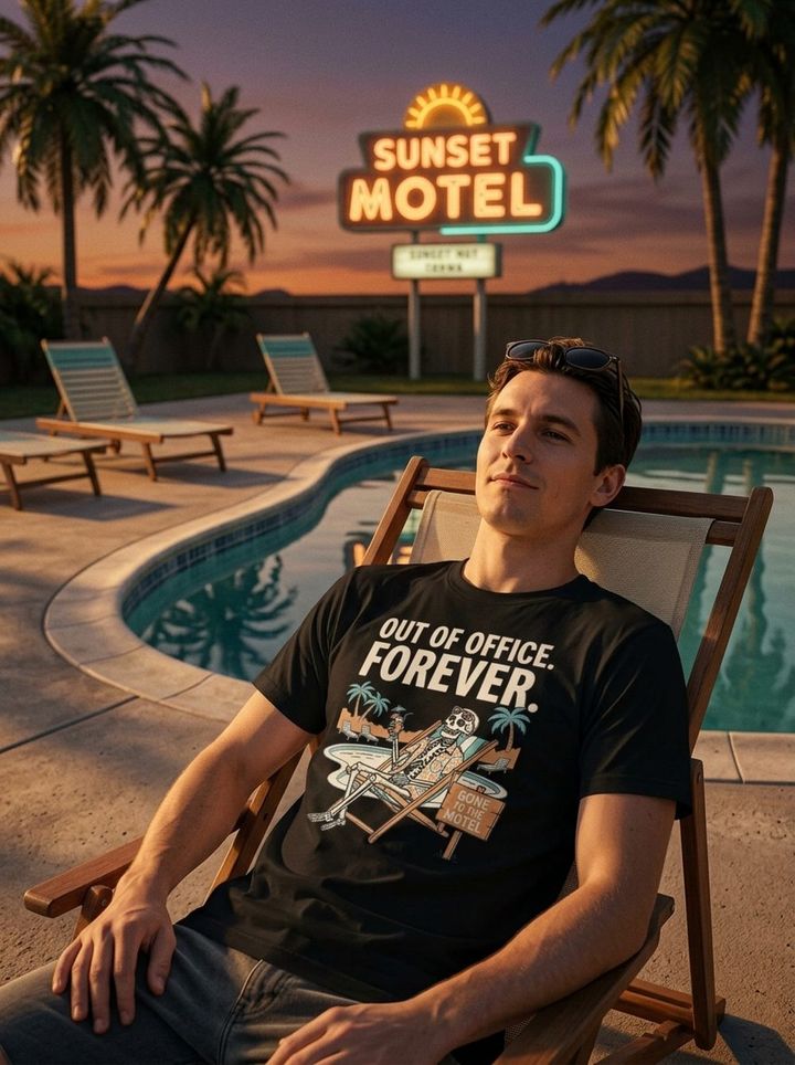 T-shirt Out of Office Forever porté au bord de la piscine du motel au coucher du soleil