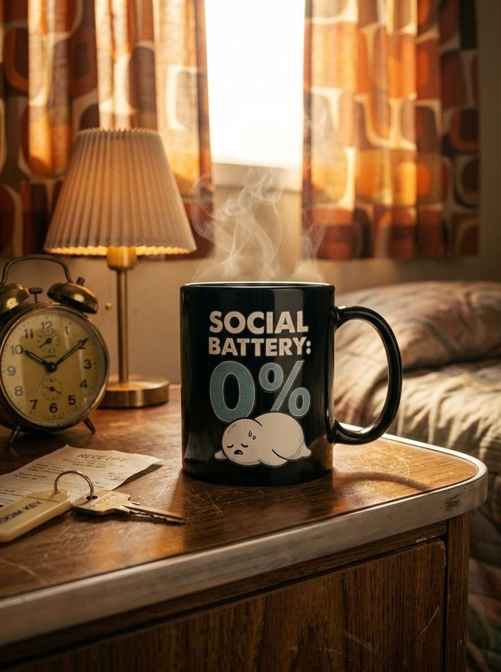 Mug Social Battery 0% sous la lampe de chevet du motel