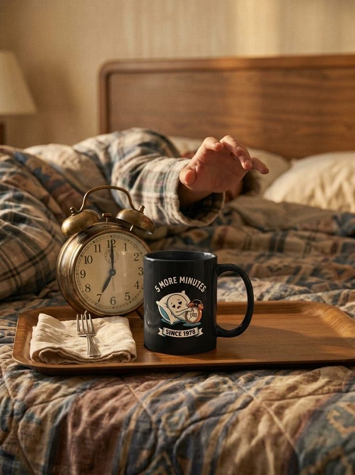 Main attrapant le mug 5 More Minutes au réveil dans la chambre du motel