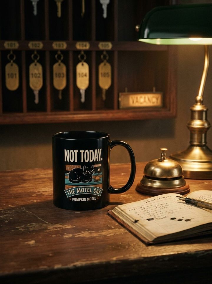 Mug Not Today près de la sonnette en laiton et du registre du motel