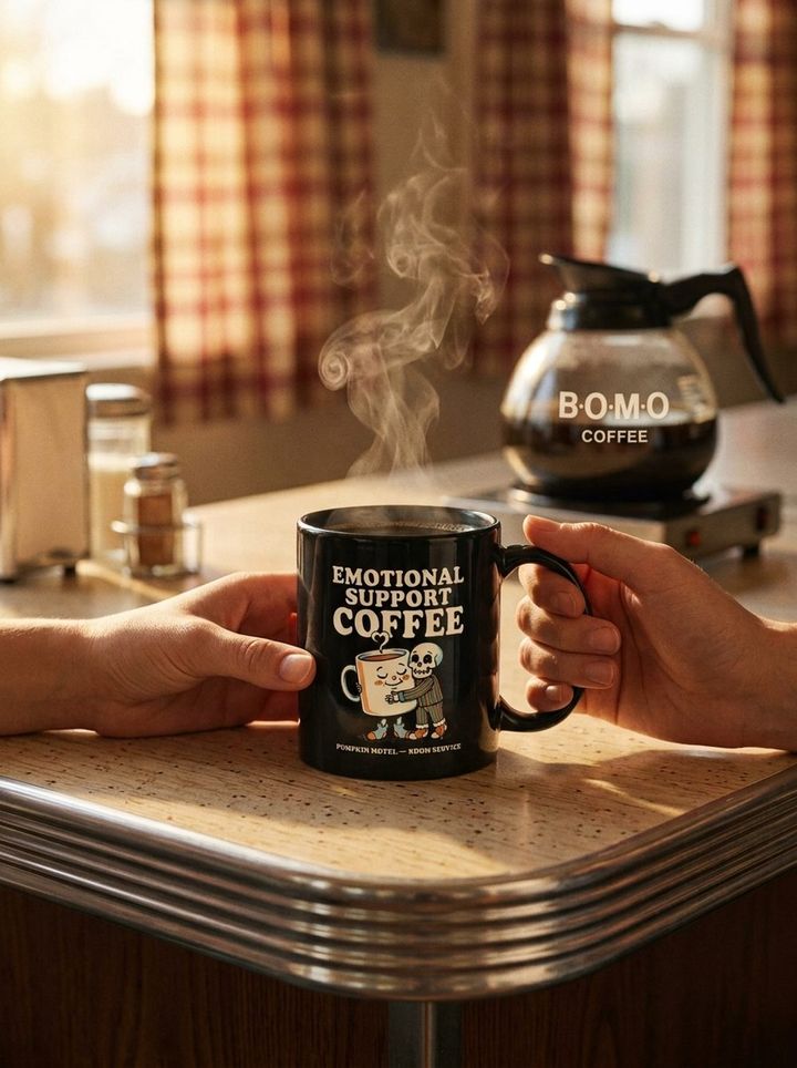 Mug Emotional Support Coffee, vapeur montante devant la cafetière du motel