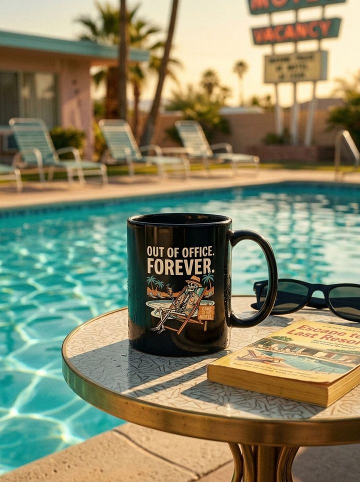 Mug Out of Office Forever, piscine turquoise et transats du motel