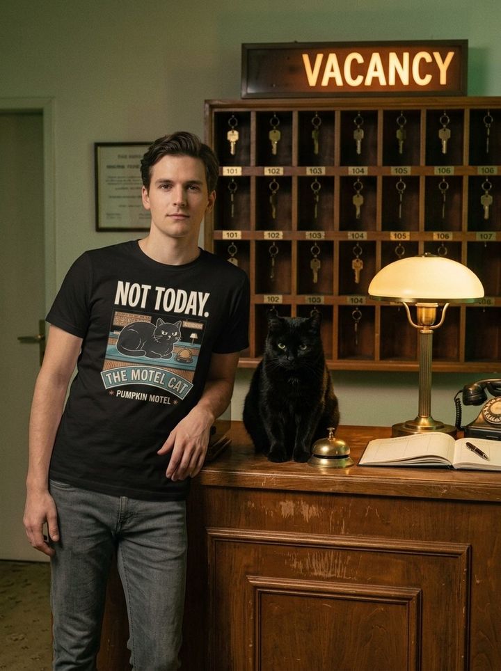 T-shirt Not Today porté près du tableau des clés, chat noir de la réception