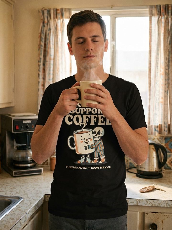 T-shirt Emotional Support Coffee, mug serré à deux mains, vapeur du matin